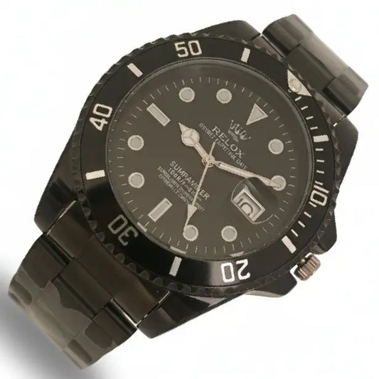 RELOX Submariner-Style Oyster Perpetual Date Watch – Black Dial, Rotating Bezel, Stainless Steel Band Black wristwatch with a detailed face https://lastore.pk/