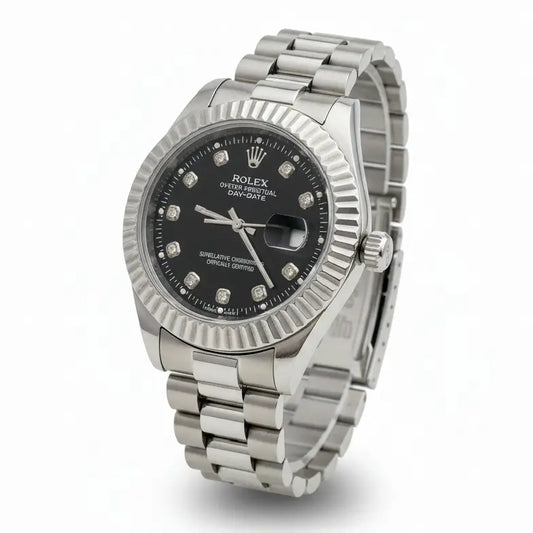 Silver Rolex watch with black dial on a white background
