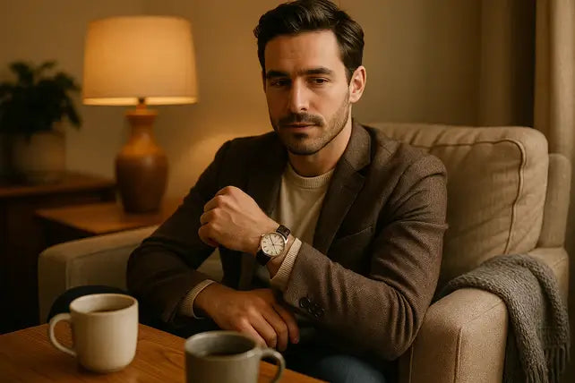 Man sitting on a couch in a cozy room with a lamp and coffee cups on a table.