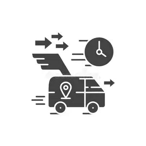 Black and white icon of a van, clock, and arrows La store.pk