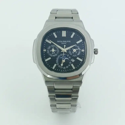 Silver Patek Philippe watch with a dark face on a white background