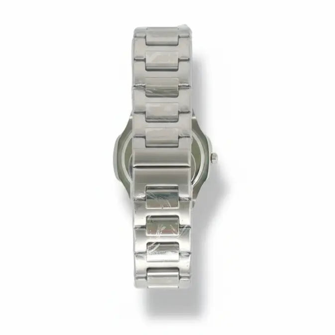 Silver watch with a metallic band on a white background, la store.pk watches