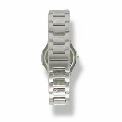 Silver watch with a metallic band on a white background, la store.pk watches