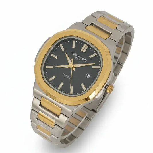 Patek Philippe Luxury watch with gold and silver band on a white background