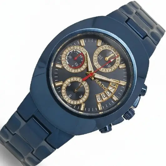 Blue watch with a detailed face RADO Blue Chronograph Men's Watch with Gold Dial Accent, la store men watches