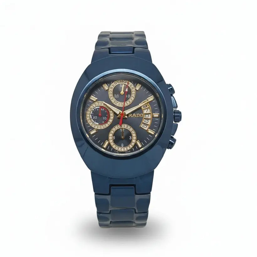 Blue watch with a detailed face, RADO Blue Chronograph Men's Watch with Gold Dial Accent, la store.pk