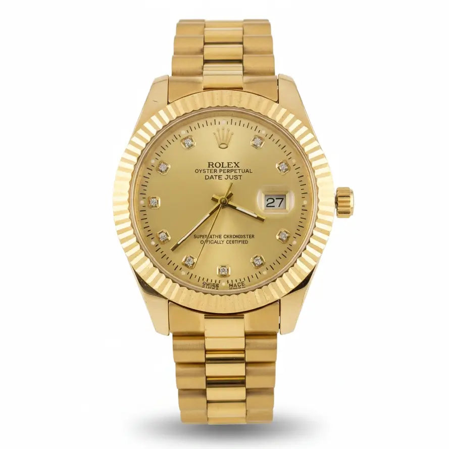 Gold Rolex watch with diamonds on a white background