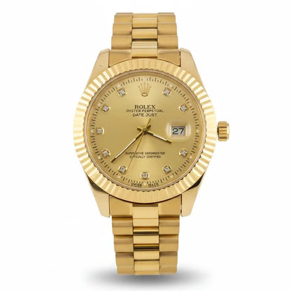 Gold Rolex watch with diamonds on a white background