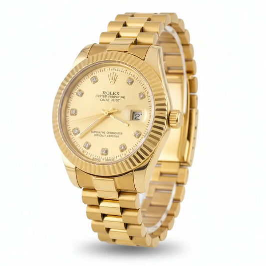 Rolex Gold wristwatch with diamond-studded face on a white background