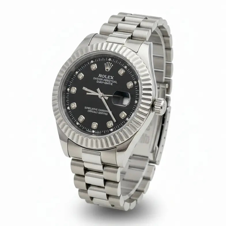 Silver Rolex watch with black dial on a white background
