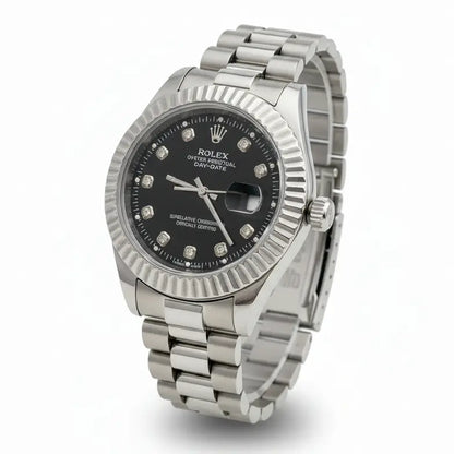 Silver Rolex watch with black dial on a white background