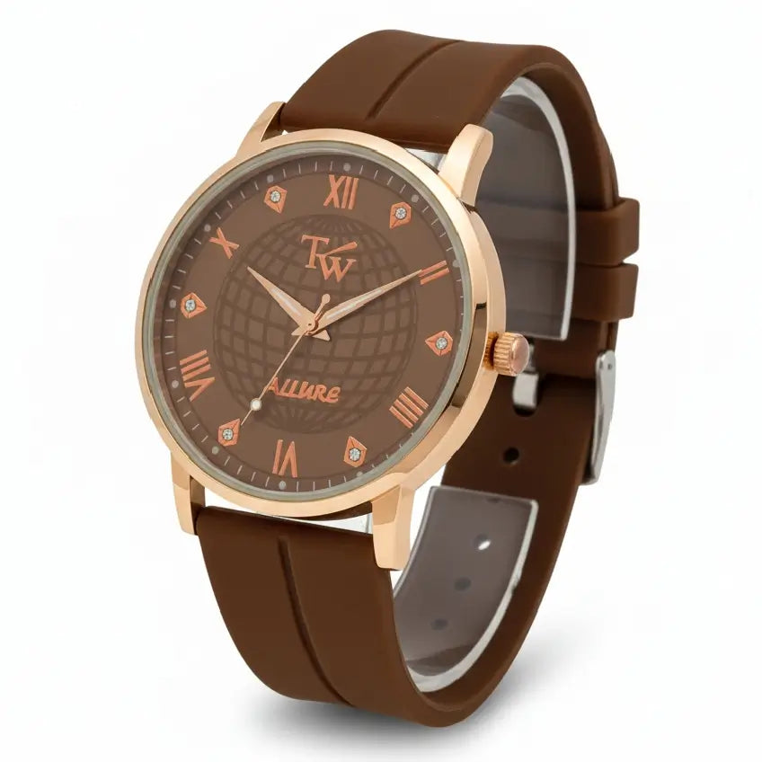 TW Allure Brown watch with rose gold case and strap on a white background