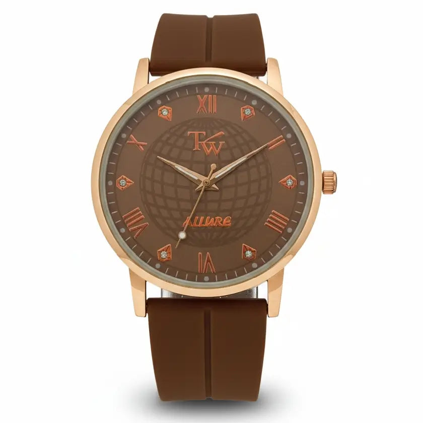 Watch with brown strap and brown dial on a white background