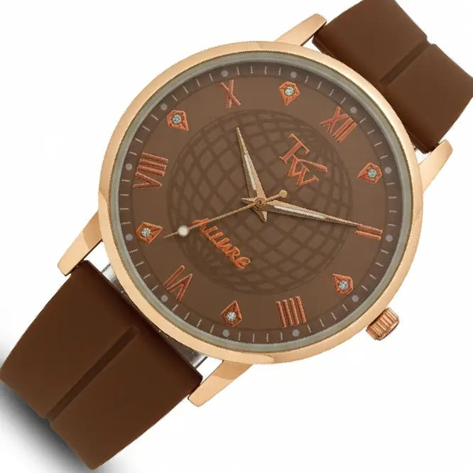 Watch with brown strap and brown dial on a white background