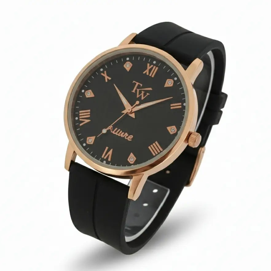 TW Allure Black watch with rose gold accents on a white background, la store.pk