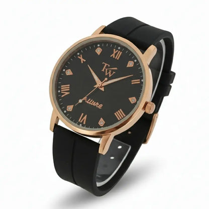 TW Allure Black watch with rose gold accents on a white background, la store.pk