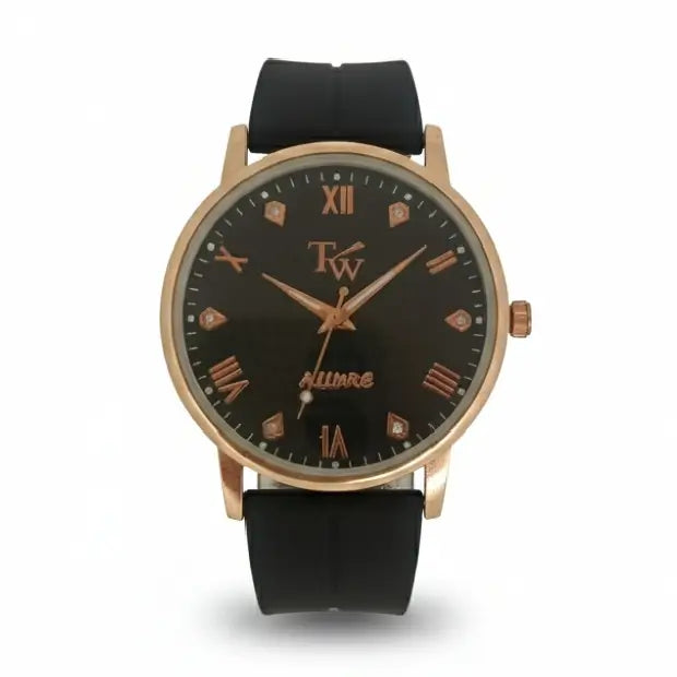 Black watch with gold accents on a white background