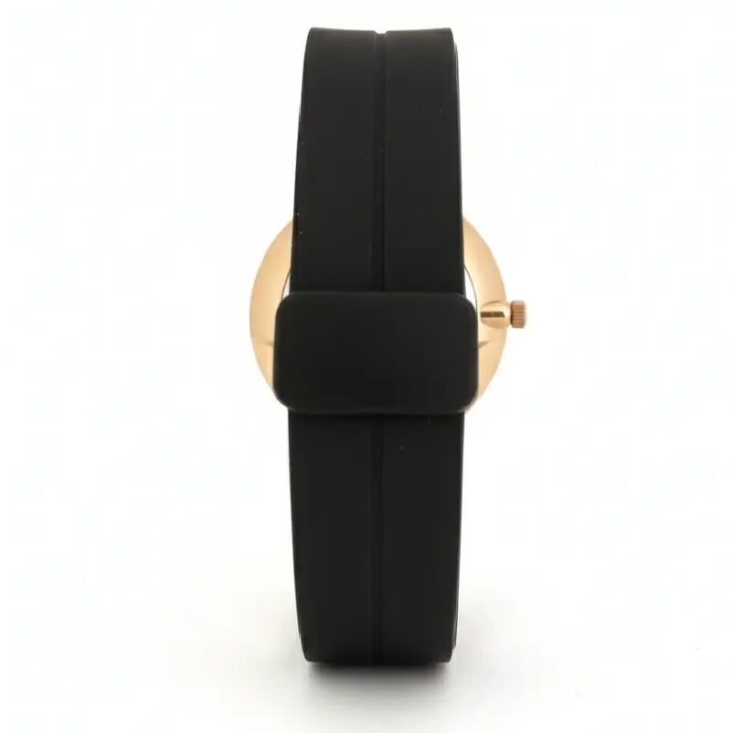 Black watch strap with gold clasp on a white background