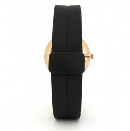 Black watch strap with gold clasp on a white background