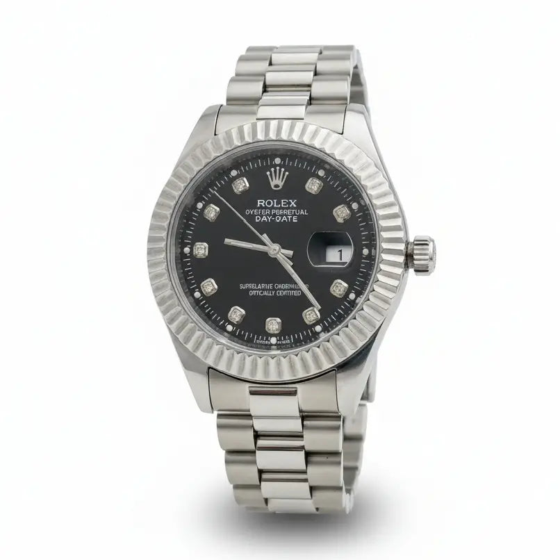 Silver Rolex watch with a black face on a white background