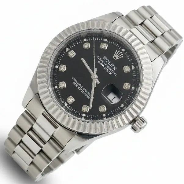 Rolex watch with black dial and diamond-studded bezel on a white background
